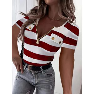 Women's Color Block Short Sleeve T-Shirt Striped Zipper Front Top Casual Summer Blouse Tee