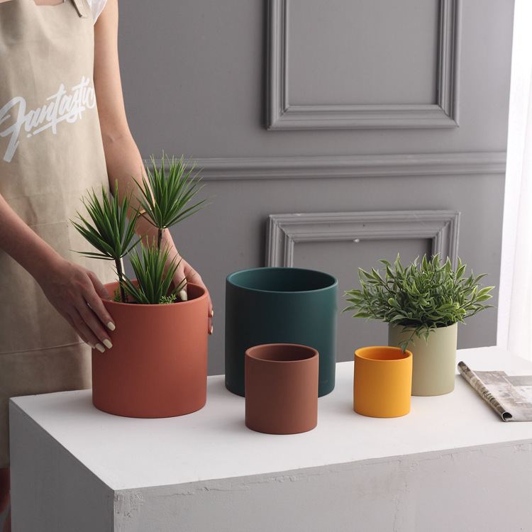 Nordic Industrial Style Colorful Ceramic Flowerpot Succulent Planter Green Plants Cylindrical Shape Flower Pot With Hole Tray - Image 9