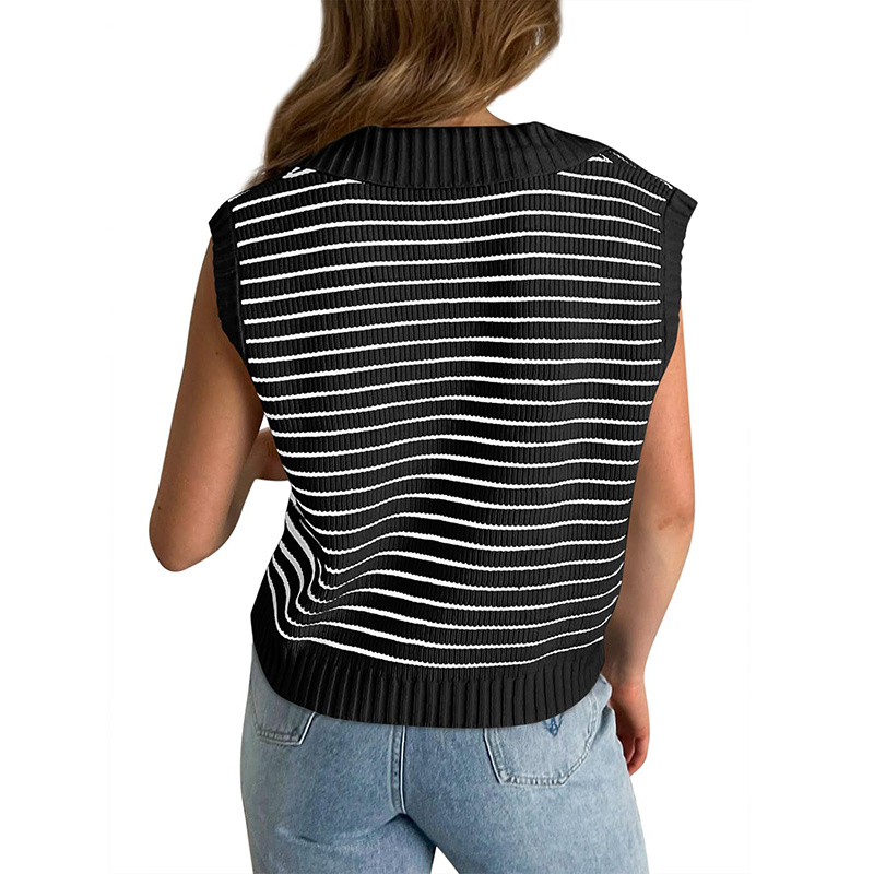 Women's V Neck Cap Sleeve Sweater Vest Sleeveless Collared Striped Knit Tank Tops - Image 6