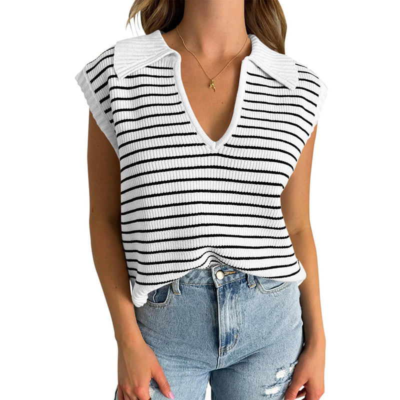 Women's V Neck Cap Sleeve Sweater Vest Sleeveless Collared Striped Knit Tank Tops - Image 10