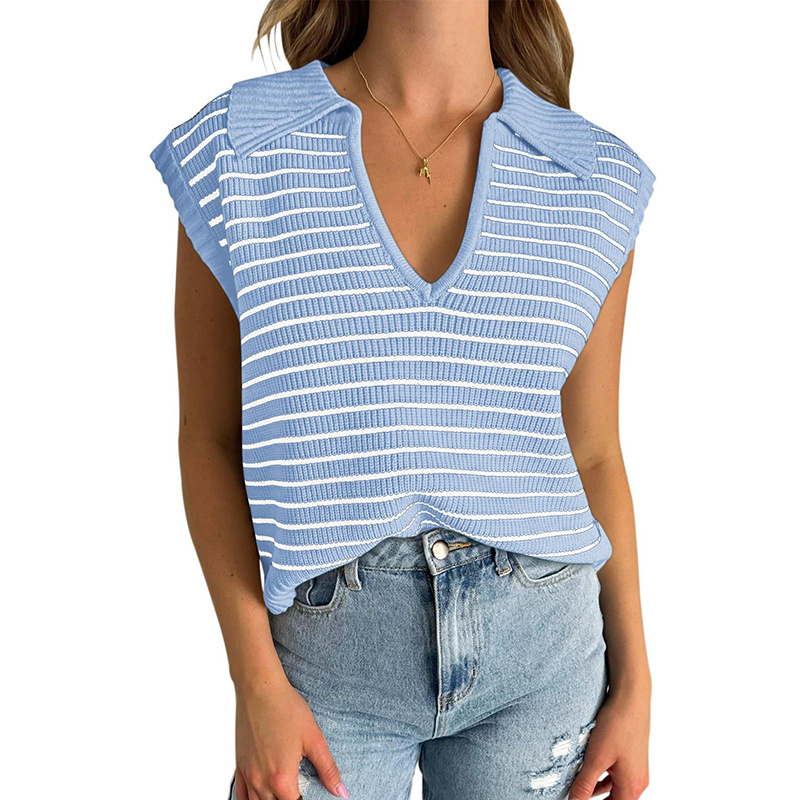 Women's V Neck Cap Sleeve Sweater Vest Sleeveless Collared Striped Knit Tank Tops - Image 5