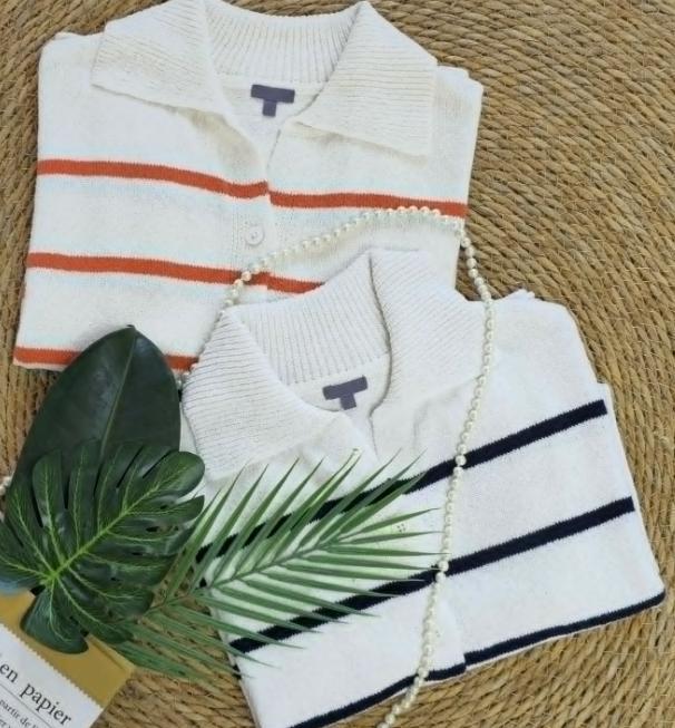 Women's 2025 Spring Summer Casual Fold-Down Short Sleeve Fashion Button Knitted Cardigan Sweater Navy Striped Sleeve Knitted Cardigan - Image 10