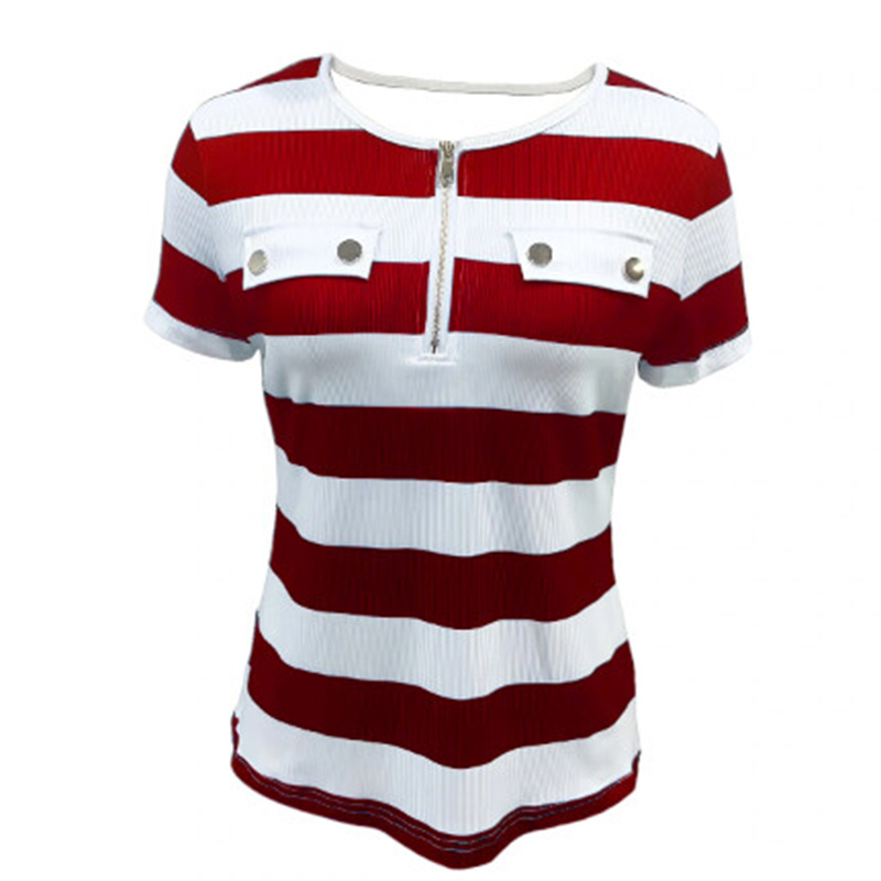 Women's Color Block Short Sleeve T-Shirt Striped Zipper Front Top Casual Summer Blouse Tee - Image 2