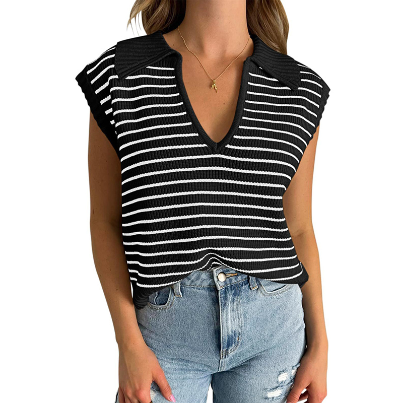 Women's V Neck Cap Sleeve Sweater Vest Sleeveless Collared Striped Knit Tank Tops - Image 4