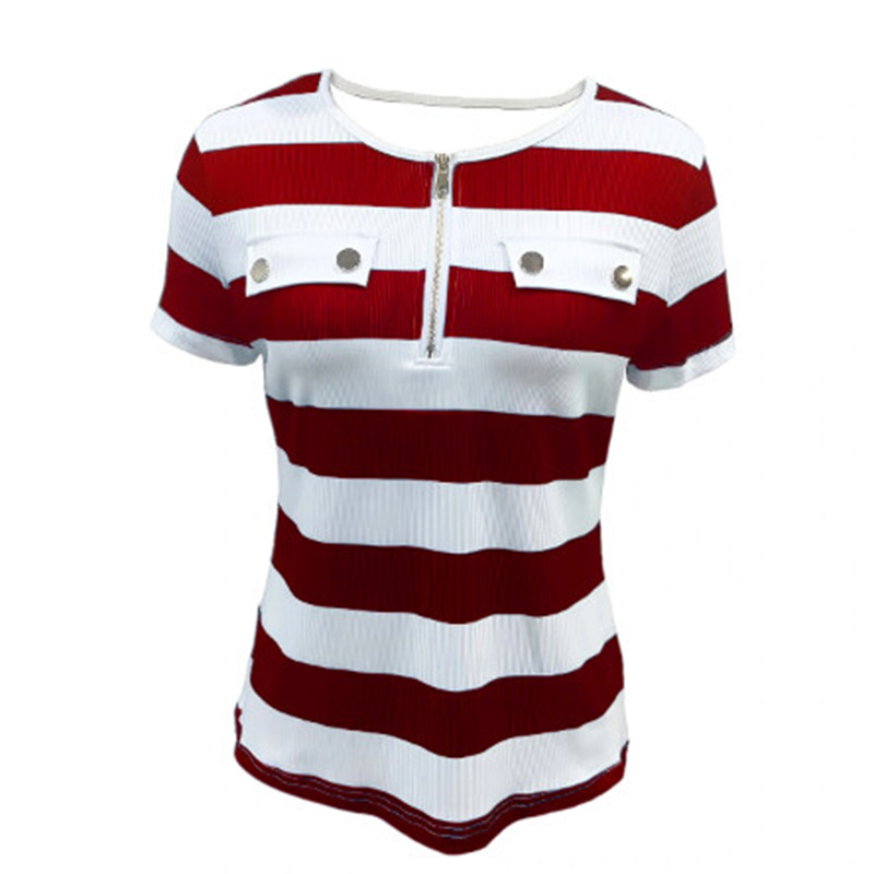 Women's Color Block Short Sleeve T-Shirt Striped Zipper Front Top Casual Summer Blouse Tee - Image 4