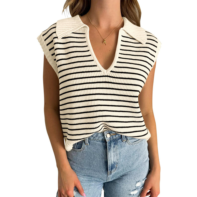 Women's V Neck Cap Sleeve Sweater Vest Sleeveless Collared Striped Knit Tank Tops