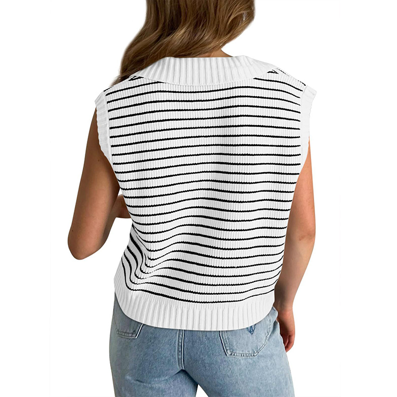 Women's V Neck Cap Sleeve Sweater Vest Sleeveless Collared Striped Knit Tank Tops - Image 3