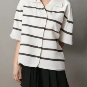 Women's 2025 Spring Summer Casual Fold-Down Short Sleeve Fashion Button Knitted Cardigan Sweater Navy Striped Sleeve Knitted Cardigan