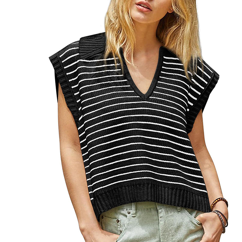 Women's V Neck Cap Sleeve Sweater Vest Sleeveless Collared Striped Knit Tank Tops - Image 8